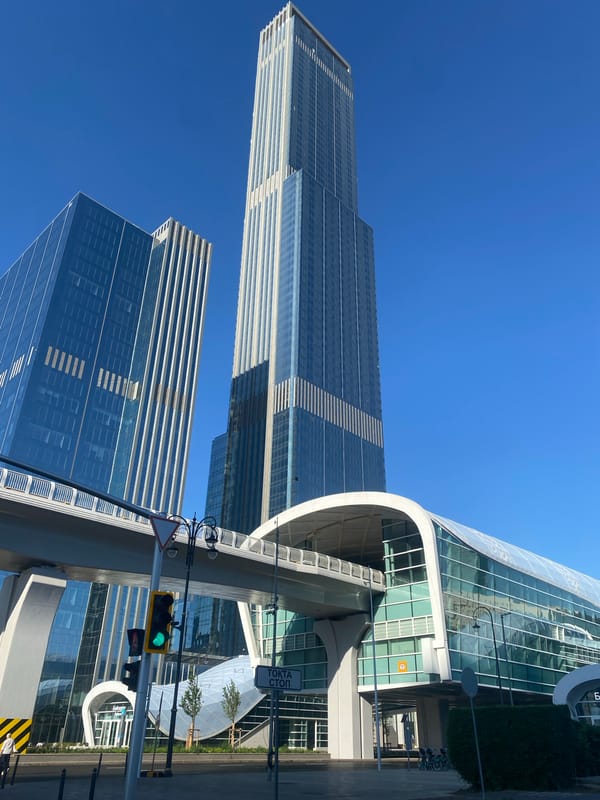 Street-level moments around a modern glass skyscraper district