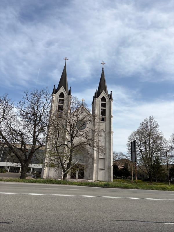 Twin-towered church building photographed in Vidin, Bulgaria