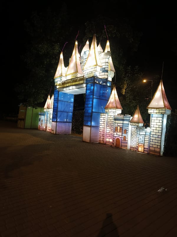 Glowing lantern sculptures light up a park in Odesa at night