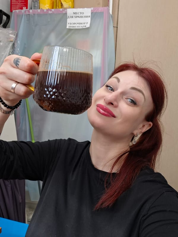 Woman enjoys morning coffee and ice cream in Belarus