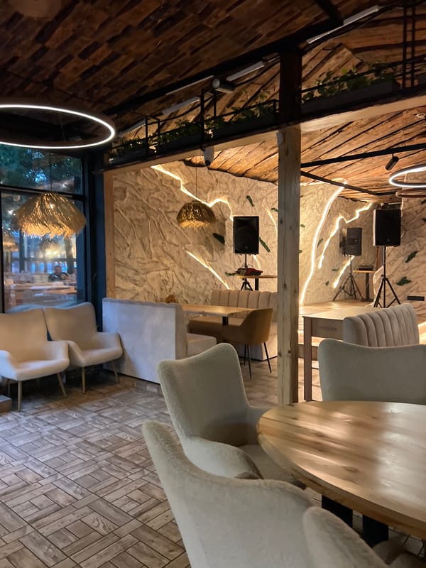 Inside a rustic-modern Odesa restaurant, inside and out.