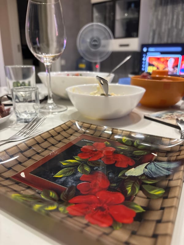 Indoor evening hang with plants, wine, and a city sunset