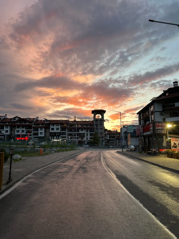 Evening street scene documented in Bansko, Bulgaria
