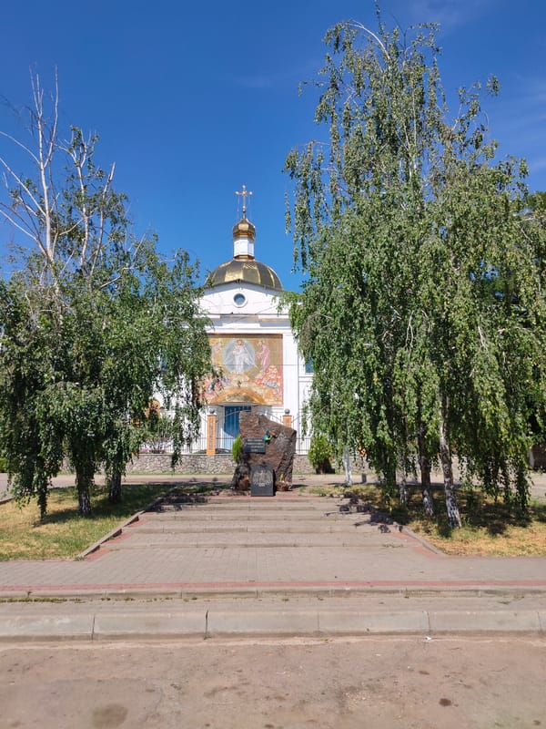 Church and memorial portraits in Velykodolynske, Ukraine