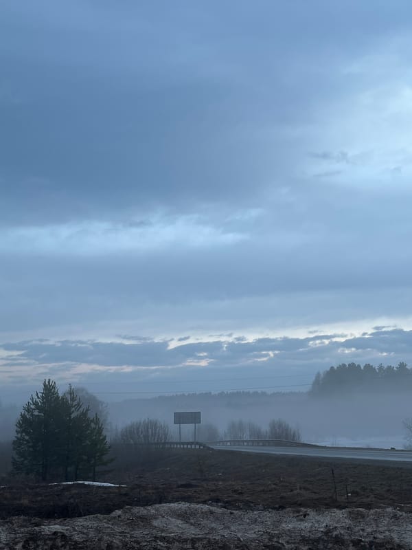 Heavy fog blankets rural highway near Kamennyi Kliuch, Russia