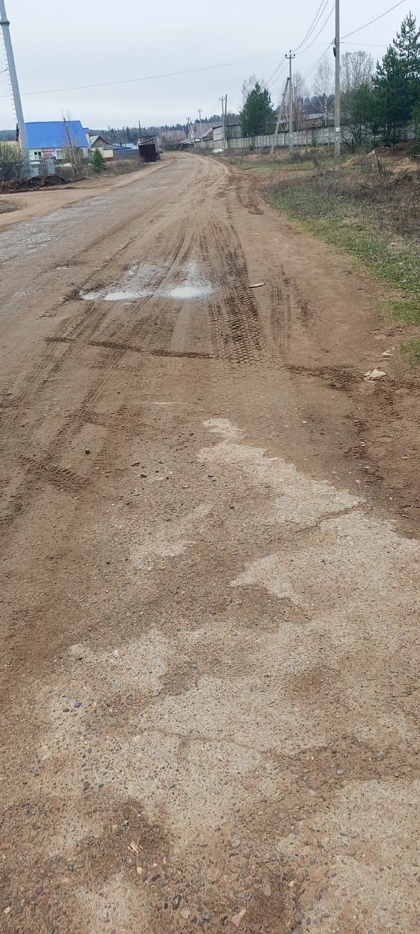 Rural dirt roads show heavy tire tracks under overcast skies