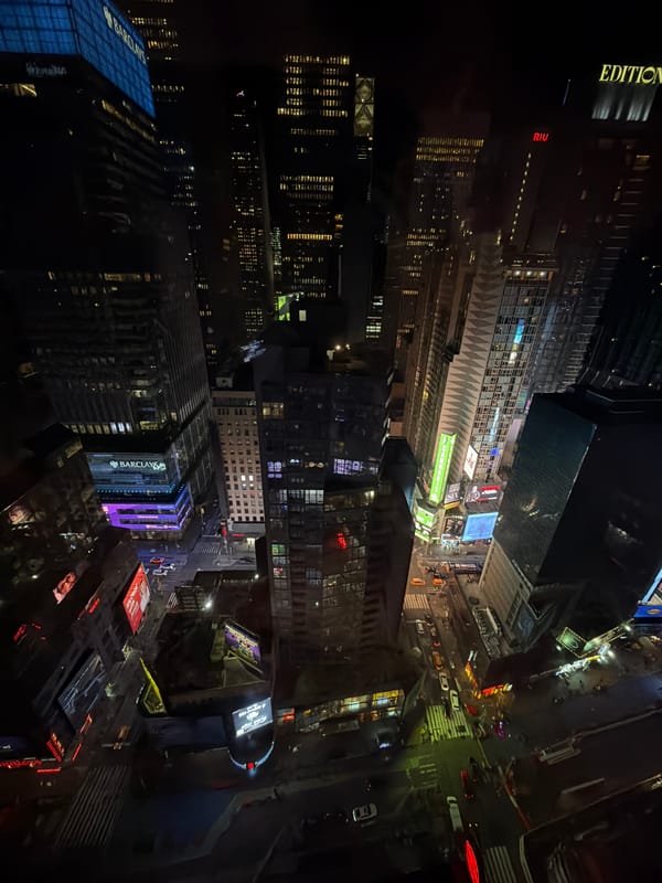 Aerial night view of illuminated Times Square captured