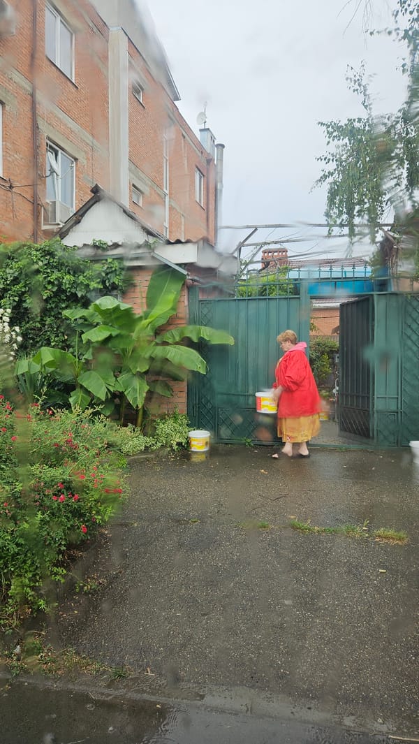 Rainy day errand near a gate in Krasnodar, Russia