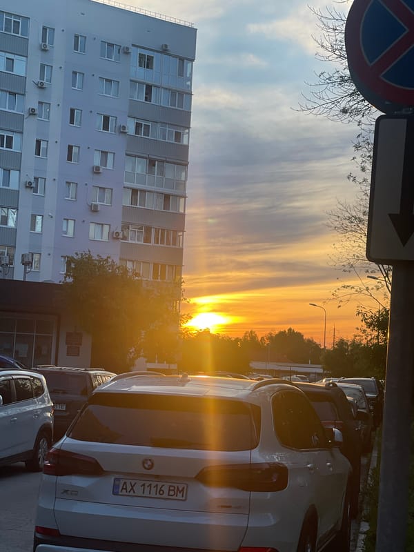 Sunset observed over residential street in Rozsoshentsi, Ukraine