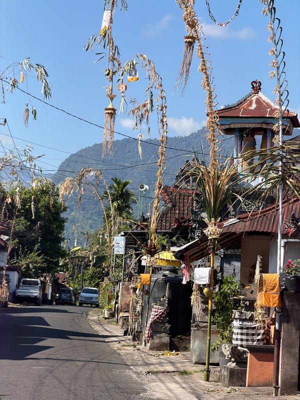 Rolling through penjor-lined streets and rice fields in Sawan, Bali