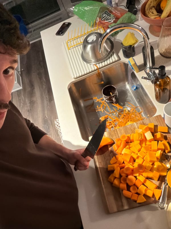 Late-night butternut squash prep captured in Montreal kitchen