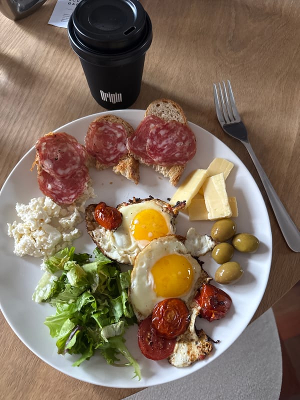 Breakfast documented at Cape Town restaurant featuring local coffee