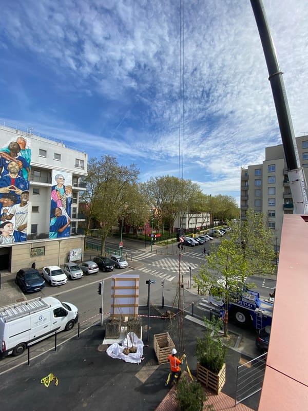 Crane lifts palletized load in Évry-Courcouronnes street operation