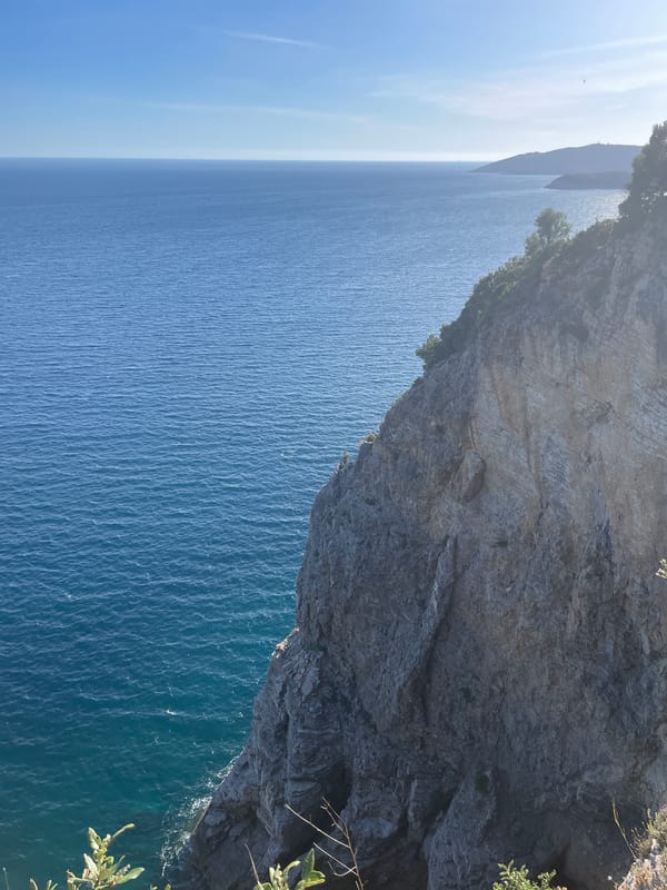 Tourist documents scenic Adriatic cliffs and coastline in Budva