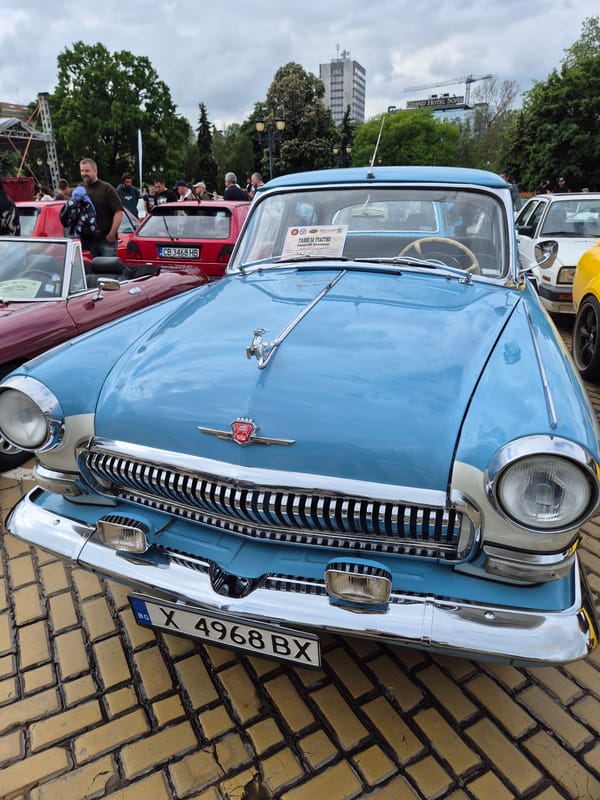 Vintage cars displayed on Sofia's cobblestone streets