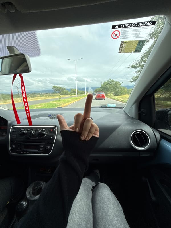 Driver makes obscene gesture at red car in Argentina