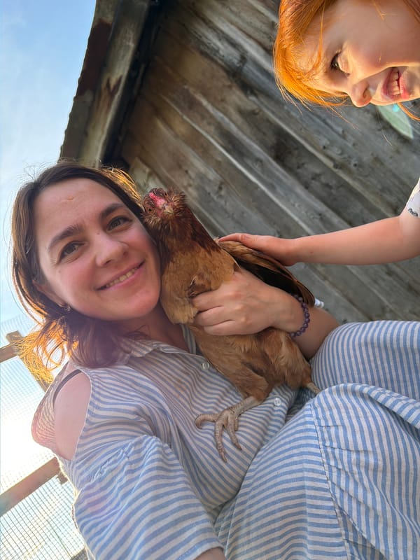 Rural family afternoon with farm animals in Panteleevka village