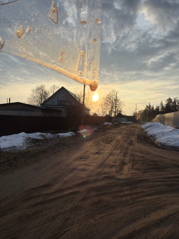 Spring ice formations documented in Chaikovsky, Russia during sunrise