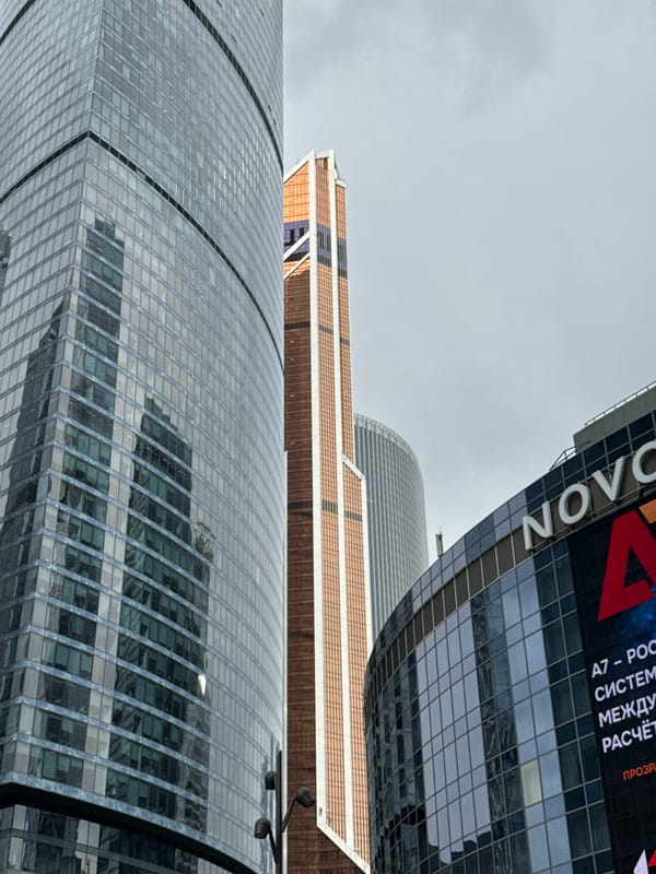 Modern skyscrapers documented in Khimki, Russia on overcast morning