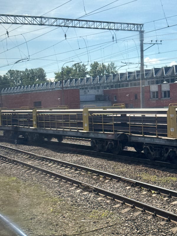 Freight train hauling metal beams through Saint Petersburg rail corridor