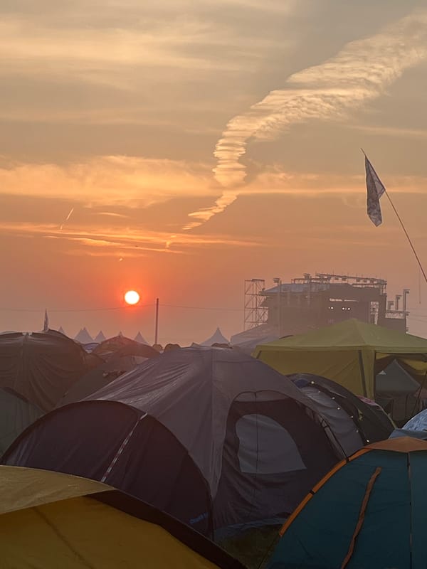 Festival campsite at golden hour, Surakovo, Russia