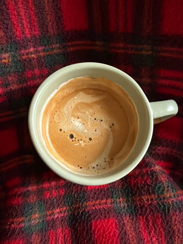 Morning coffee captured on plaid fabric in Pleven