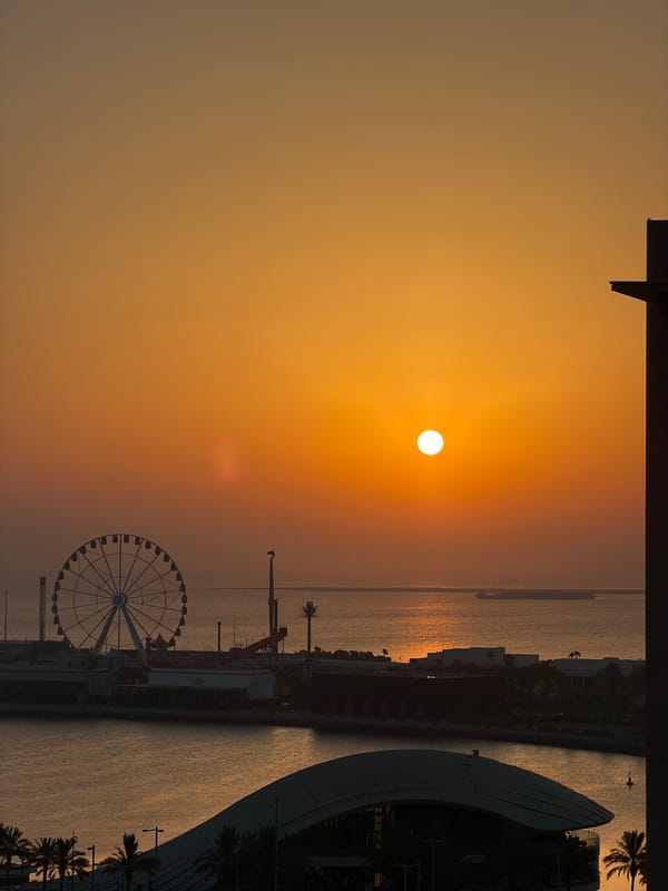Urban waterfront sunset, multiple angles over a harbor