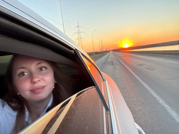 Woman observes sunset from car window along highway
