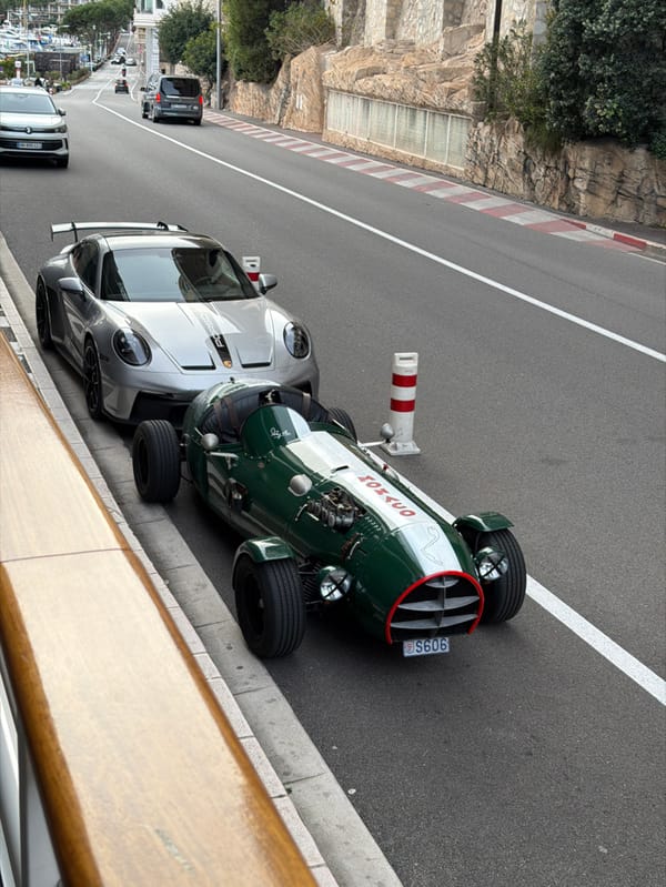 Porsche and vintage Monaco racing car spotted parked together