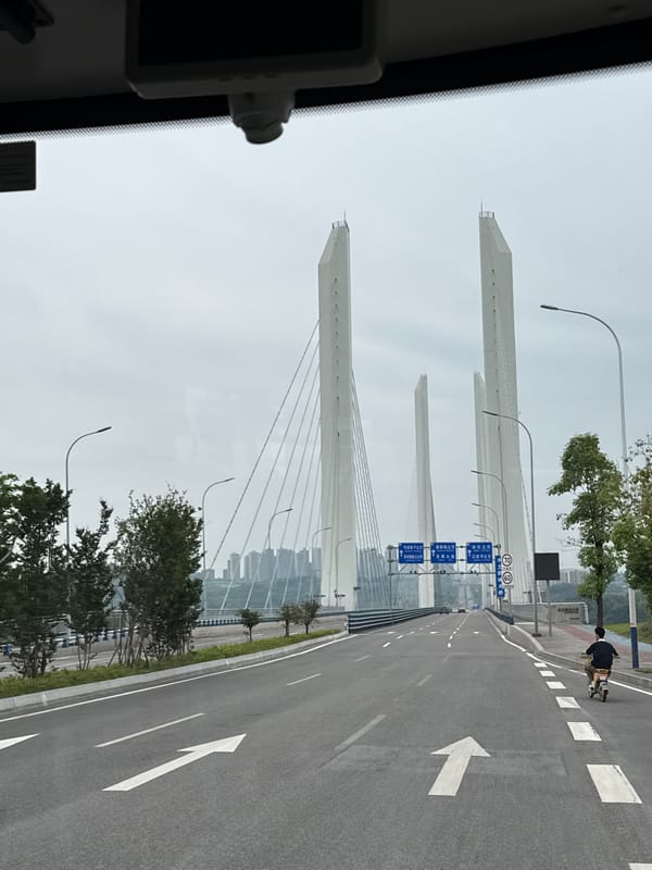 Morning commute captured near cable-stayed bridge in Liangjiang