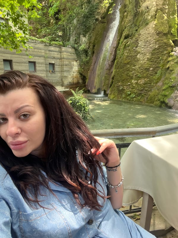 Lunch and waterfall views at a spot in Bachkovo, Bulgaria