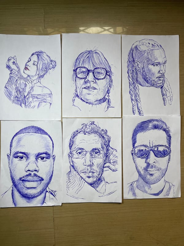 Portrait sketching session with blue ink in Jos