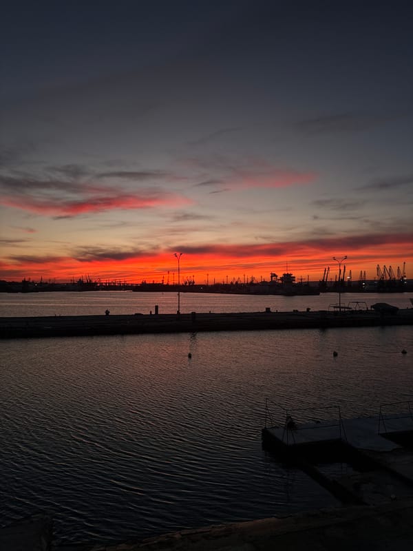 Sunset observed over Varna port with silhouetted cranes