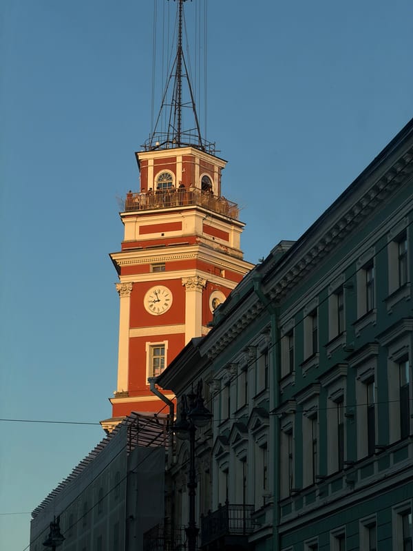 Saint Petersburg landmarks: Stock Exchange tower and Singer House