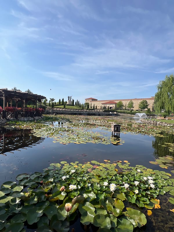 Lily ponds and stone architecture at a Bulgarian museum complex