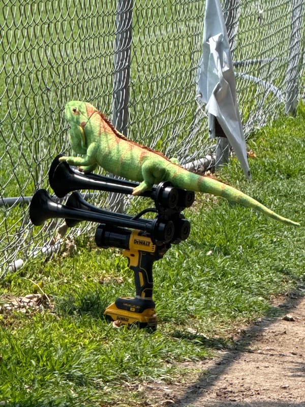 Stuffed iguana sits atop drill-mounted train horn in Mexico