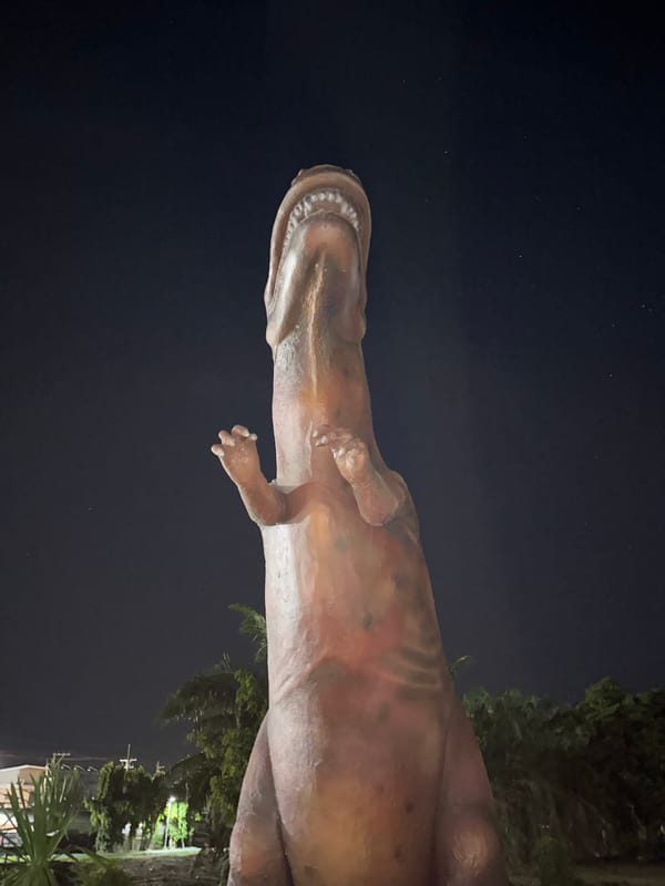 Dinosaur statues and park grounds in Phuket at night