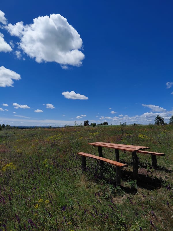Rural hillside views with wooden benches in Ustyvytsia countryside