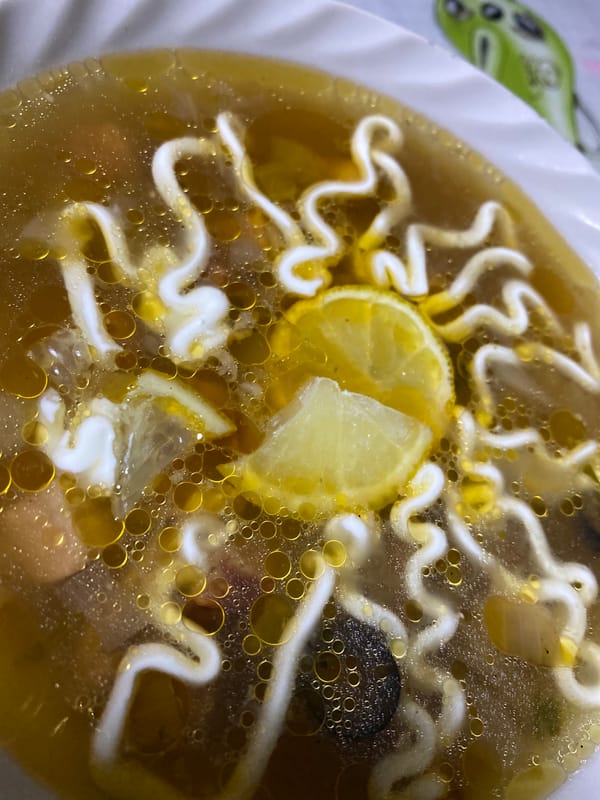 Bowl of broth soup with lemon observed in Noviy, Russia