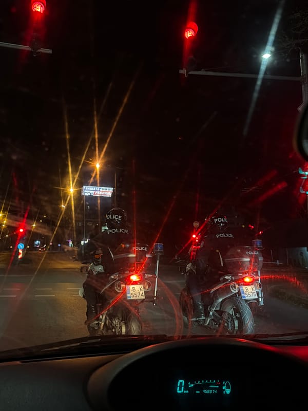 Police motorcycles line street in Varna, Bulgaria