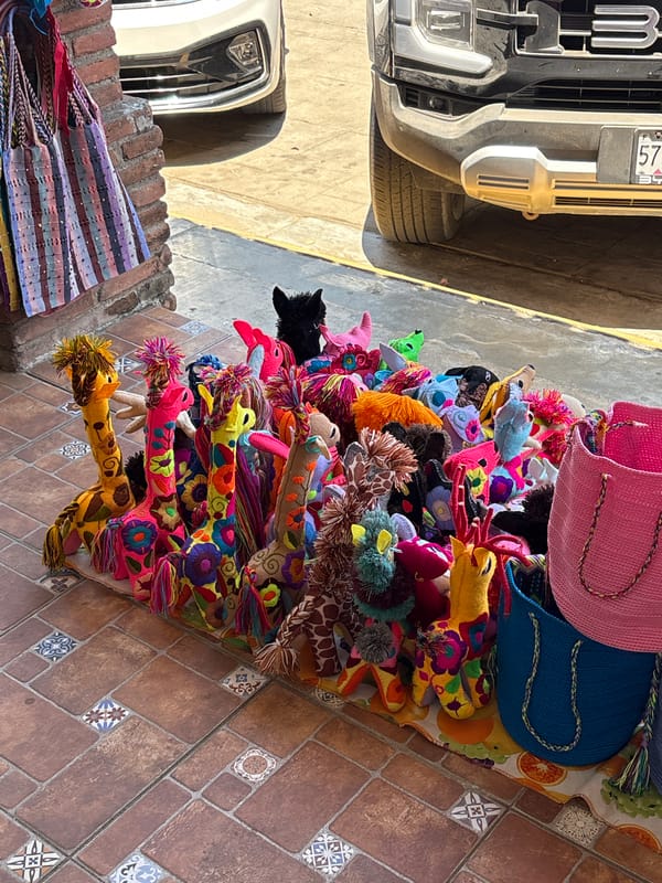 Colorful handcrafted toys displayed by roadside vendor in Puerto Escondido