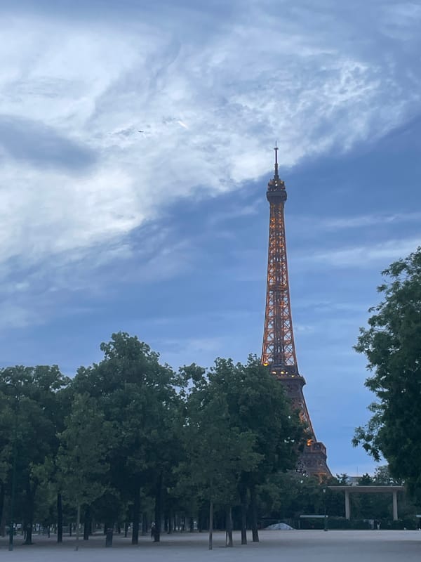 Evening stroll captures illuminated Eiffel Tower and Parisian street life