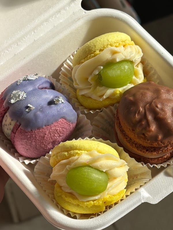 Decorative macarons photographed in white container in Tel Aviv