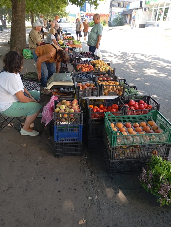 Pigeons and produce at a Horishni Plavni street market