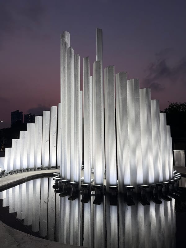 Seoul landmarks: Olympic Park installation and N Seoul Tower at night