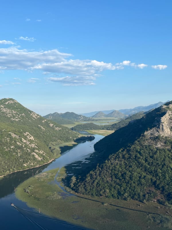 Winding river through forested Montenegrin valley, seen from above