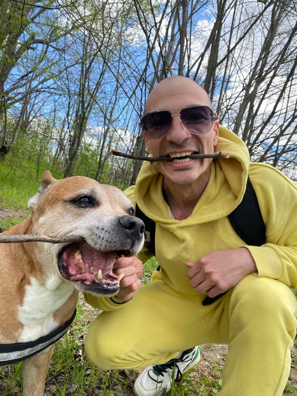 Man in yellow tracksuit plays with dog in Pleven park