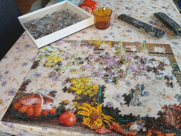 Unfinished jigsaw puzzle spotted on table in Bulgarian village