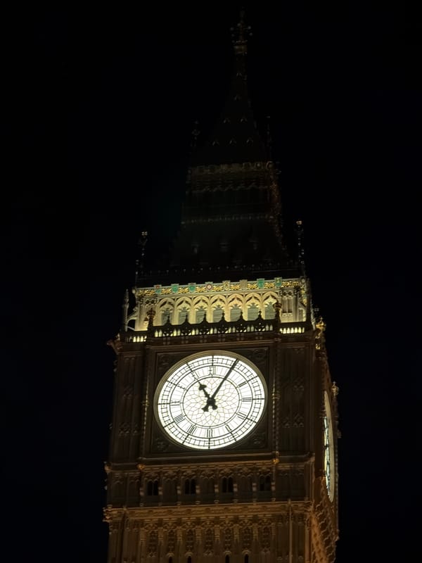 Big Ben clock face photographed illuminated at night