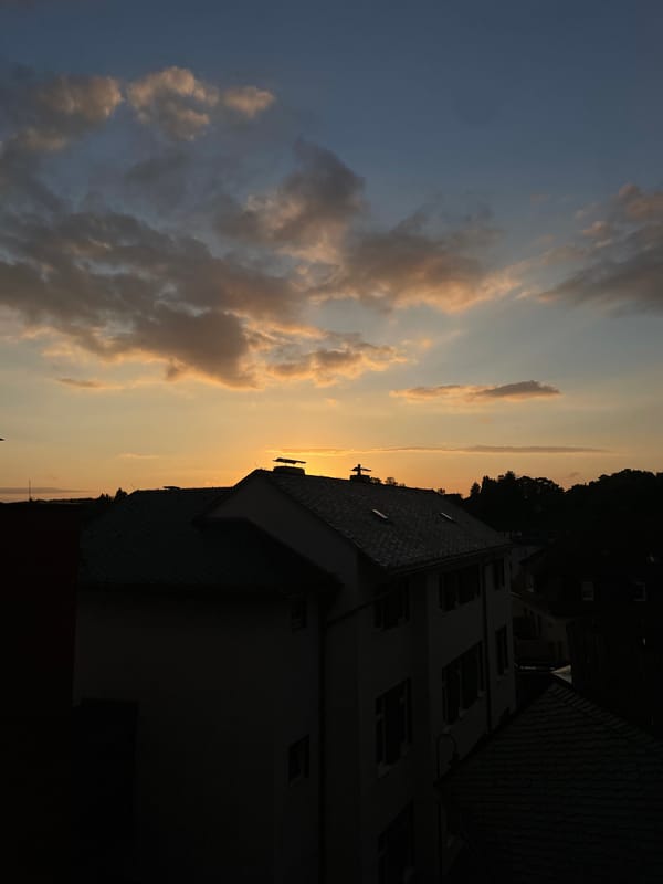 Tabby cat watches sunset over Waldbröl from a windowsill